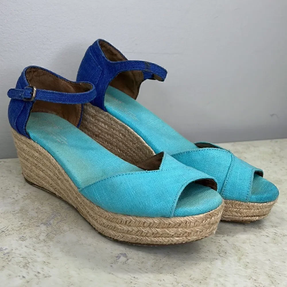 Toms Wedge Espadrille 8.5 Aqua/Blue